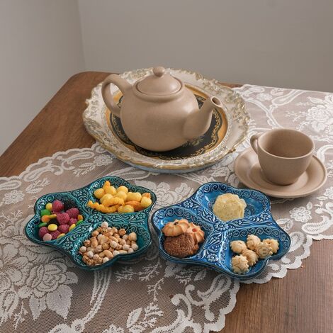 Turkish Ceramic Turquoise Heart Shaped Triple Divide Snack Platter