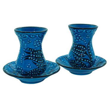 Turkish Ceramic Turquoise Tea Glass Set of 2 Pcs - Thumbnail