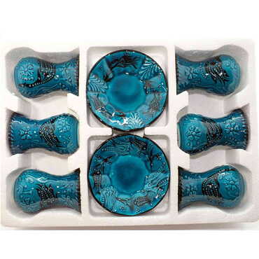 Turkish Ceramic Turquoise Tea Glass Set of 6 Pcs - Thumbnail