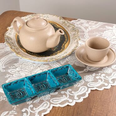 Myros - Turkish Ceramic Turquoise Triple Divide Snack Platter