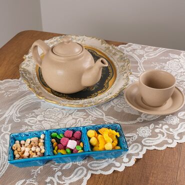 Turkish Ceramic Turquoise Triple Divide Snack Platter - Thumbnail