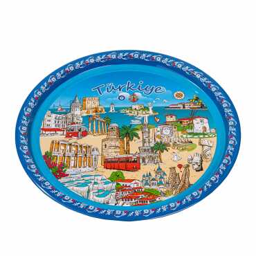 Türkiye Themed Round Metal Tray 28 cm - Standart - 2