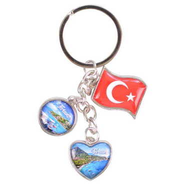 Turunc Themed Metal Keychain With 3 Charms - Mixed 40x90 mm - Thumbnail