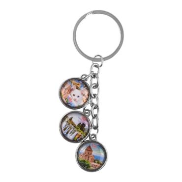 Van Themed Metal Keychain With 3 Charms - Round 40x90 mm - Thumbnail