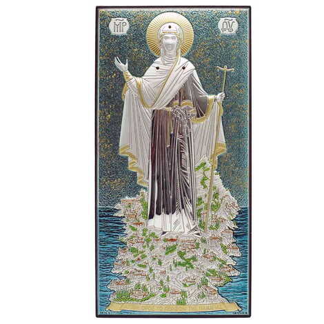 Virgin Marry Ican (Mount Athos) With Bi Laminated Silver Plaque, Gold Iconen Color And Blue Hand Decoration Swarowski (40X70)Mm