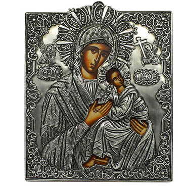 Myros - Virgin Mary Amolindos Icon Handmade With Silver 950, Wooden Icon 140x175 mm