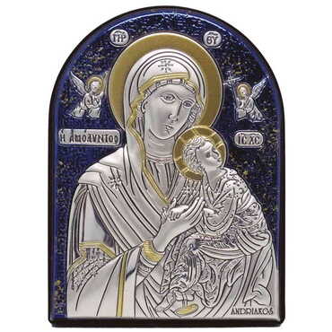 Myros - Virgin Mary Amolindos ( Virgin Mary With Angels) Icon With Bi-Laminated Silver Plaque, Golden And Blue Decoration Swarowski Stone Icond Crystals And Wooden Back