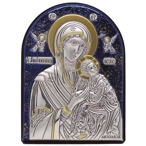 Virgin Mary Amolindos ( Virgin Mary With Angels) Icon With Bi-Laminated Silver Plaque, Golden And Blue Decoration Swarowski Stone Icond Crystals And Wooden Back - 1