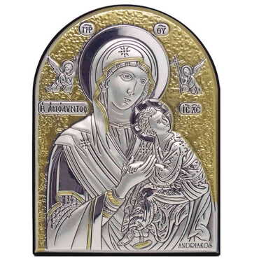 Myros - Virgin Mary Amolindos ( Virgin Mary With Angels) Icon With Bi-Laminated Silver Plaque, Golden Decoration Swarowski Stone Icond Crystals And Wooden Back 190x140 mm