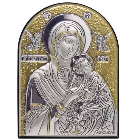 Virgin Mary Amolindos ( Virgin Mary With Angels) Icon With Bi-Laminated Silver Plaque, Golden Decoration Swarowski Stone Icond Crystals And Wooden Back 190x140 mm