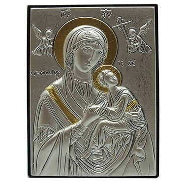 Myros - Virgin Mary Amolindos ( Virgin Mary With Angels) With Bi-Laminated Silver Plaque, Golden Decoration And Wooden Icon 70x100 mm