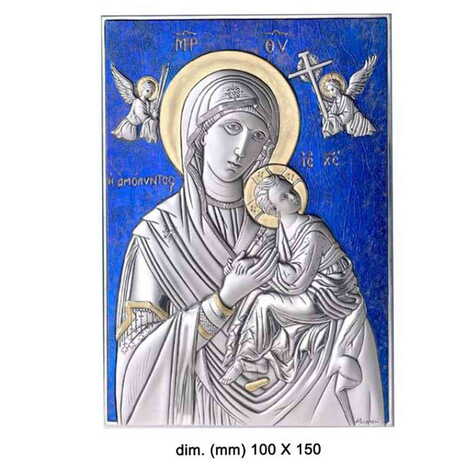 Virgin Mary Amolindos With Bi-Laminated Silver Plaque, Golden Decoration And Blue Decoration And Wooden Icon 100x150 mm - 1