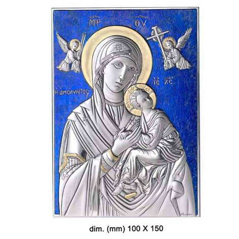 Virgin Mary Amolindos With Bi-Laminated Silver Plaque, Golden Decoration And Blue Decoration And Wooden Icon 100x150 mm