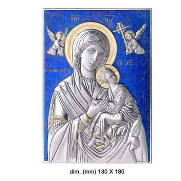 Virgin Mary Amolindos With Bi-Laminated Silver Plaque, Golden Decoration And Blue Decoration And Wooden Icon 130x180 mm - Myros