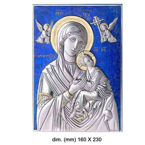 Virgin Mary Amolindos With Bi-Laminated Silver Plaque, Golden Decoration And Blue Decoration And Wooden Icon 160x230 mm - 1