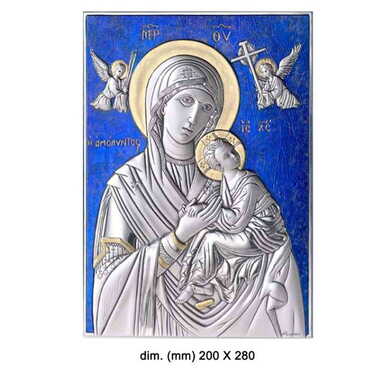 Myros - Virgin Mary Amolindos With Bi-Laminated Silver Plaque, Golden Decoration And Blue Decoration And Wooden Icon 202x280 mm