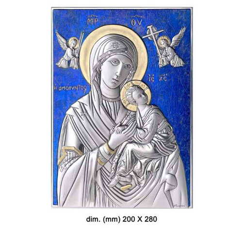 Virgin Mary Amolindos With Bi-Laminated Silver Plaque, Golden Decoration And Blue Decoration And Wooden Icon 202x280 mm