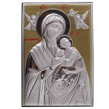 Myros - Virgin Mary Amolindos With Bi-Laminated Silver Plaque, Golden Decoration And Wooden Icon 100x150 mm