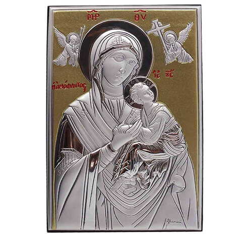 Virgin Mary Amolindos With Bi-Laminated Silver Plaque, Golden Decoration And Wooden Icon 100x150 mm