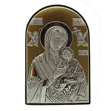 Myros - Virgin Mary Amolindos With Bi-Laminated Silver Plaque, Golden Decoration And Wooden Icon 40x60 mm