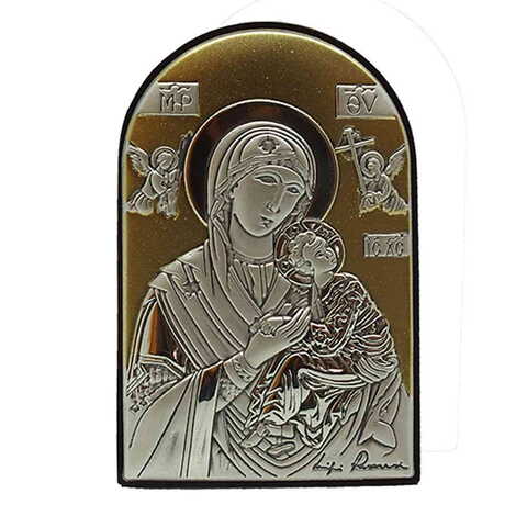 Virgin Mary Amolindos With Bi-Laminated Silver Plaque, Golden Decoration And Wooden Icon 40x60 mm