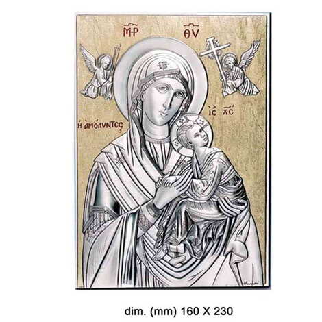 Virgin Mary Amolindos With Bi-Laminated Silver Plaque, Golden Decoration And Wooden Icon - 1