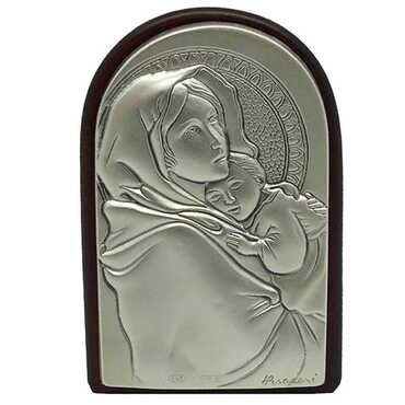 Myros - Virgin Mary And Baby Jesus Icon With Bi-Laminated Silver Plaque And Wooden Icon 40x60 mm