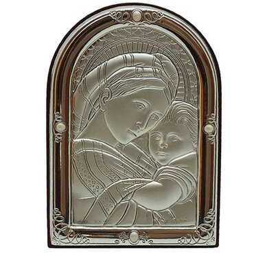 Virgin Mary And Baby Jesus Icon With Bi-Laminated Silver Plaque And Wooden Icon 71x80 mm - Myros