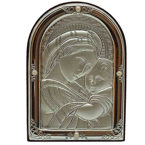 Virgin Mary And Baby Jesus Icon With Bi-Laminated Silver Plaque And Wooden Icon 71x80 mm