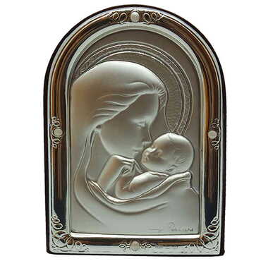 Virgin Mary And Baby Jesus Icon With Bi-Laminated Silver Plaque And Wooden Icon 72x80 mm - Myros