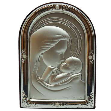 Myros - Virgin Mary And Baby Jesus Icon With Bi-Laminated Silver Plaque And Wooden Icon 72x80 mm