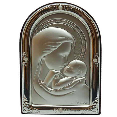 Virgin Mary And Baby Jesus Icon With Bi-Laminated Silver Plaque And Wooden Icon 72x80 mm