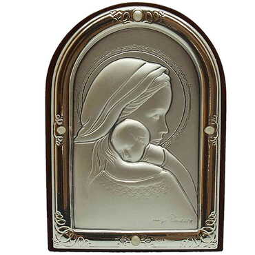 Virgin Mary And Baby Jesus Icon With Bi-Laminated Silver Plaque And Wooden Icon 73x80 mm - Myros