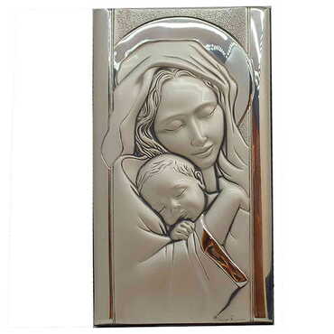 Virgin Mary And Baby Jesus With Bi-Laminated Silver Plaque And Wooden Icon 120x230 mm - Myros