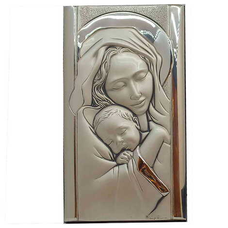 Virgin Mary And Baby Jesus With Bi-Laminated Silver Plaque And Wooden Icon 120x230 mm - 1