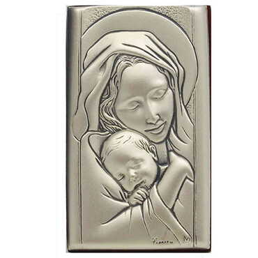 Virgin Mary And Baby Jesus With Bi-Laminated Silver Plaque And Wooden Icon 40x70 mm - Myros