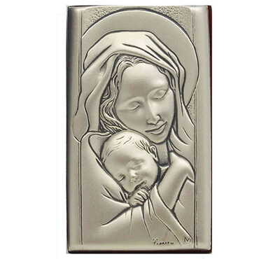 Myros - Virgin Mary And Baby Jesus With Bi-Laminated Silver Plaque And Wooden Icon 40x70 mm