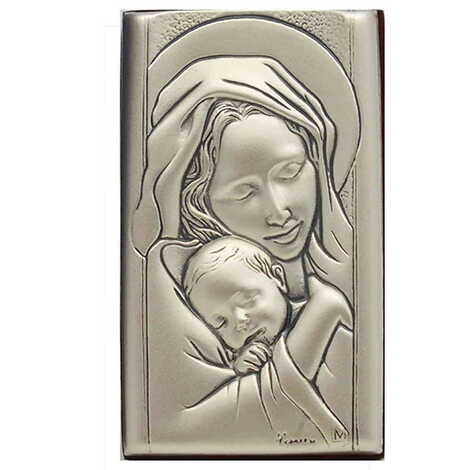 Virgin Mary And Baby Jesus With Bi-Laminated Silver Plaque And Wooden Icon 40x70 mm