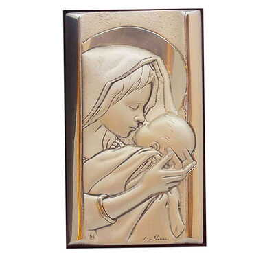 Virgin Mary And Baby Jesus With Bi-Laminated Silver Plaque And Wooden Icon 50x90 mm - Myros