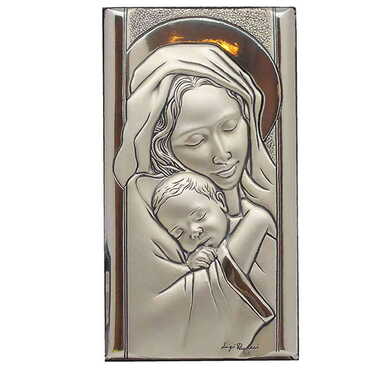 Virgin Mary And Baby Jesus With Bi-Laminated Silver Plaque And Wooden Icon 70x120 mm - Myros