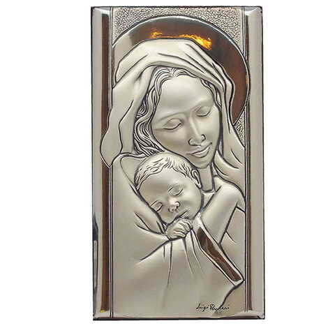 Virgin Mary And Baby Jesus With Bi-Laminated Silver Plaque And Wooden Icon 70x120 mm