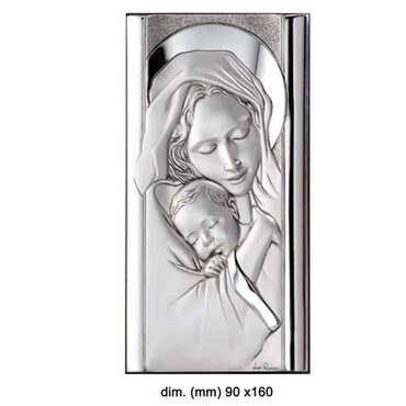 Myros - Virgin Mary And Baby Jesus With Bi-Laminated Silver Plaque And Wooden Icon 90x160 mm