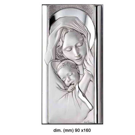 Virgin Mary And Baby Jesus With Bi-Laminated Silver Plaque And Wooden Icon 90x160 mm