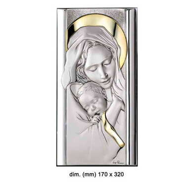 Myros - Virgin Mary And Baby Jesus With Bi-Laminated Silver Plaque, Golden Decoration And Wooden Icon 320x170 mm