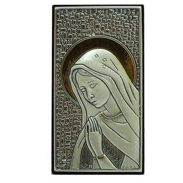 Virgin Mary Bi-Laminated Silver Plaque, Golden Decoration And Wooden Back Icon - Myros