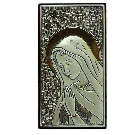 Virgin Mary Bi-Laminated Silver Plaque, Golden Decoration And Wooden Back Icon