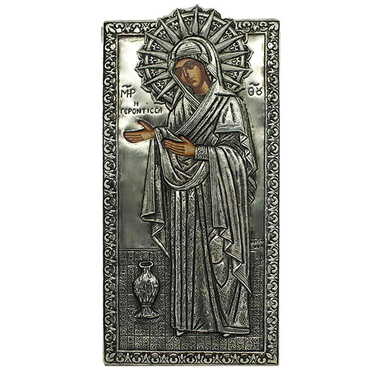 Myros - Virgin Mary Gerontissa Icon Handmade With Silver 950, Wooden Icon 135x275 mm