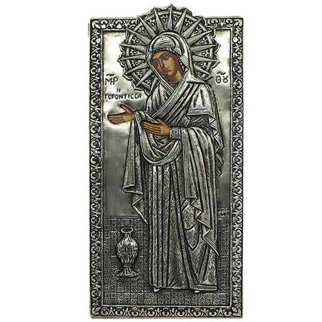 Virgin Mary Gerontissa Icon Handmade With Silver 950, Wooden Icon 135x275 mm