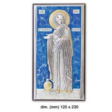 Myros - Virgin Mary Gerontissa With Bi-Laminated Silver Plaque, Golden And Blue Decoration And Wooden Icon 120x230 mm