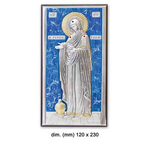 Virgin Mary Gerontissa With Bi-Laminated Silver Plaque, Golden And Blue Decoration And Wooden Icon 120x230 mm